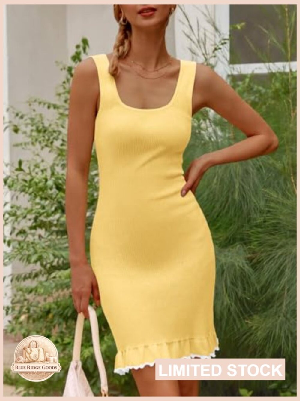 Square Neck Ruffle Mini Dress Sleeveless Ribbed Knit Slimming Bodycon Date Night - Picture 4 of 7